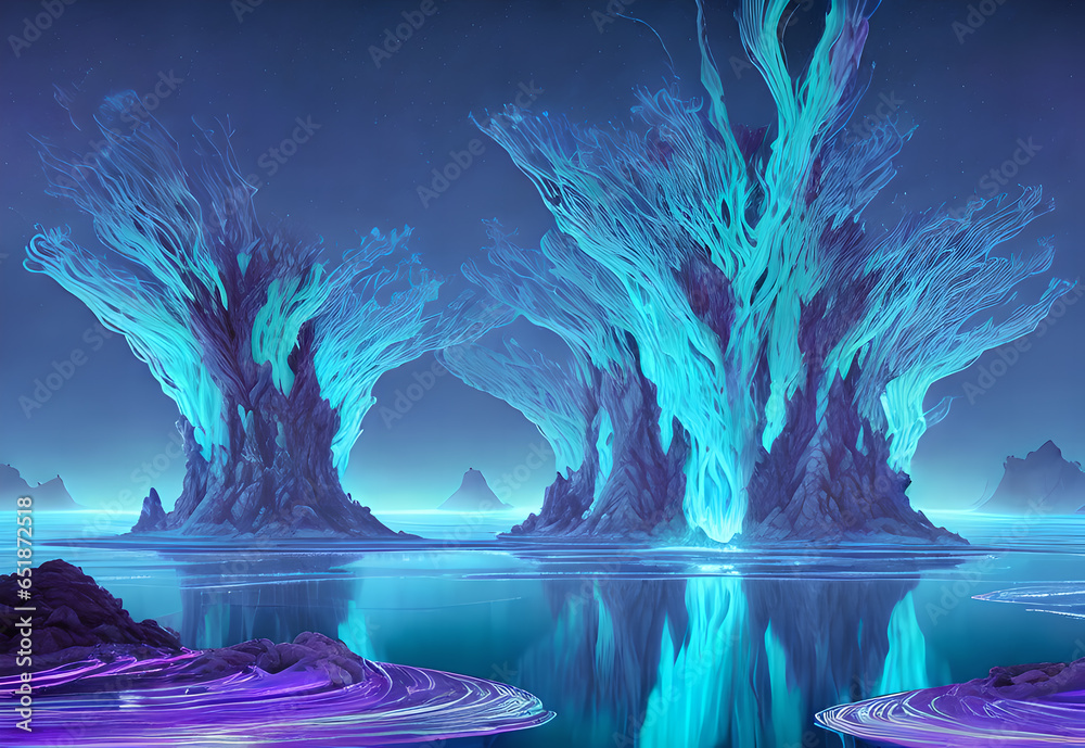 Fabulous beautiful bright fantasy landscape glowing trees and plants, Generative AI Fabulous beautiful bright fantasy landscape glowing trees and plants, Generative AI