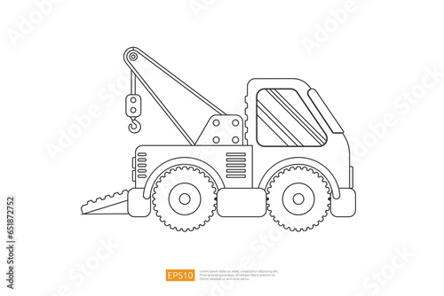 Line wrecker truck vector illustration on white background. Isolated tow car vehicle. flat cartoon recovery Truck 24 hour Tow Service icon. Coloring Page Book cartoon for Kids