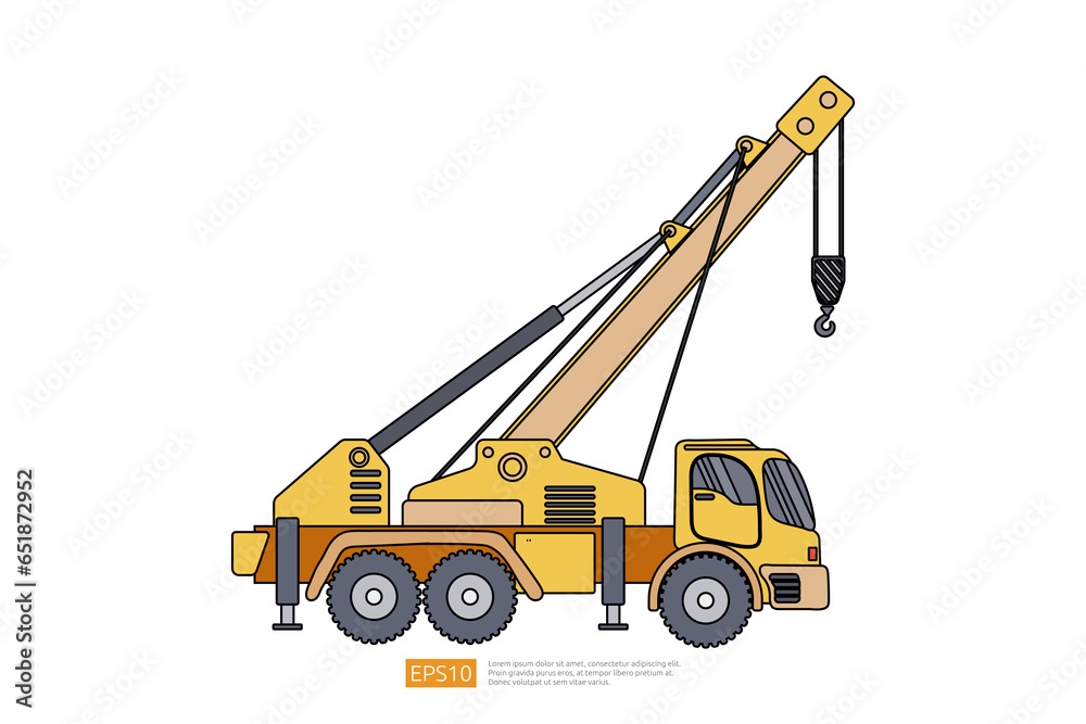 yellow crane truck illustration on white background. Isolated construction vehicle car. heavy equipment commercial transportation vehicle flat vector. Coloring Page Book Cartoon for Kids