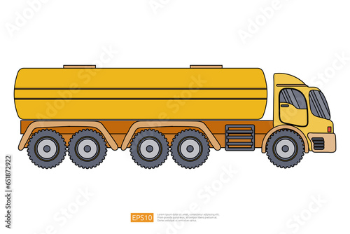Gas, oil, fuel container yellow truck illustration on white background. Isolated transportation gasoline tanker truck car. commercial vehicle flat vector. Coloring Page Book Cartoon for Kids