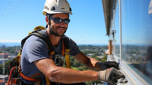 Skyscraper window cleaner, a dangerous profession at height with a safety rope. A man in a helmet wipes the window. promalpinism. rope access, Industrial mountaineering.
 photo