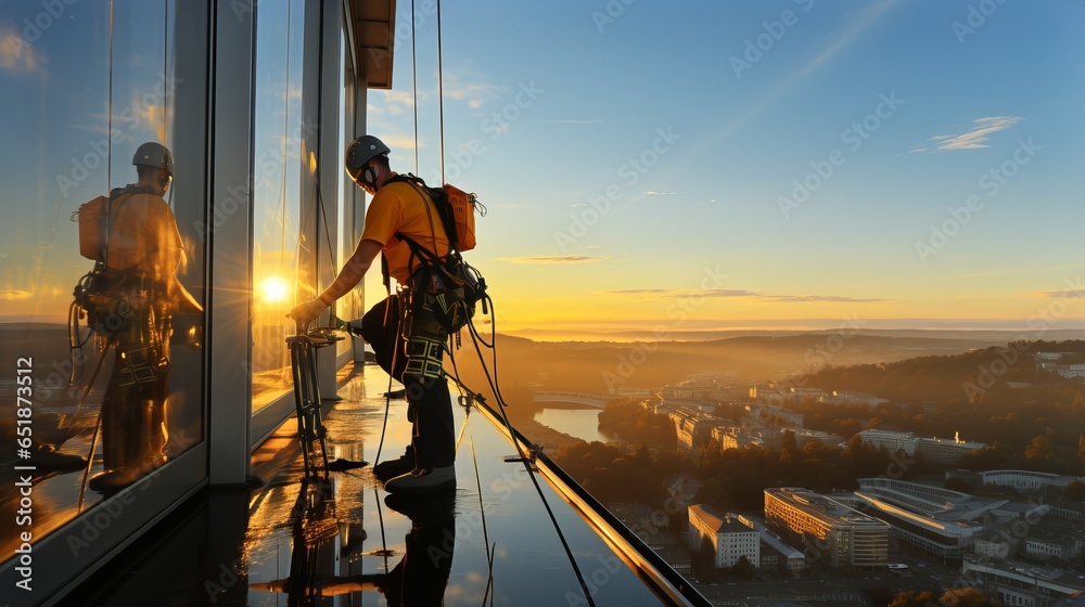 Skyscraper window cleaner, a dangerous profession at height with a safety rope. A man in a helmet wipes the window. promalpinism. rope access, Industrial mountaineering.
 - obrazy, fototapety, plakaty 