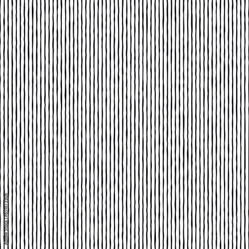 Seamless striped geometric pattern with hand-drawn style vertical irregular corrugated black lines on a white background.  Monochrome linear texture.  Vector illustration.