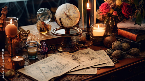 Vintage magic still life with old book, magic ball and candle