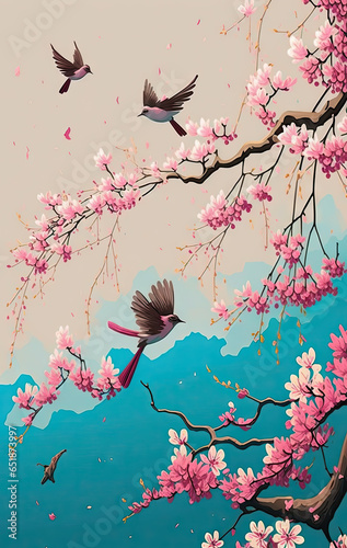Illustration of cherry blossoms and birds on the sky background.