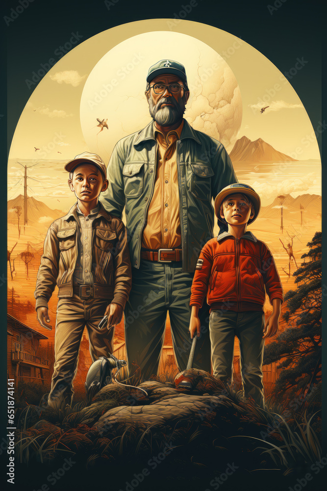 Old man and children in the countryside. Old man and children in the countryside.