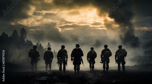 A group of soldiers walks across the battlefield. Generative AI. © Chirus