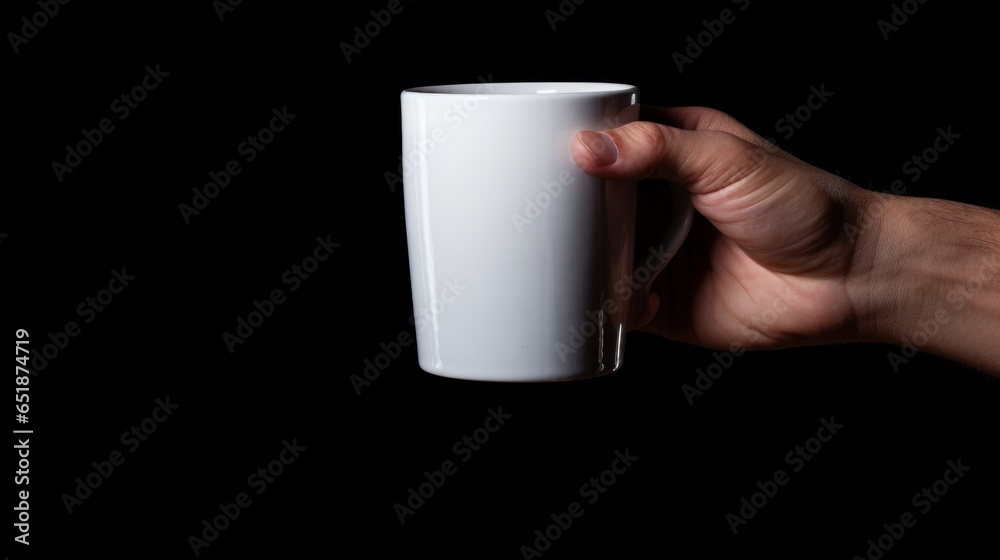 Obraz premium hand holding a white mug with isolated black background