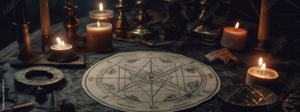 Ancient esoteric sign and candles on dark background. Horizontal banner.
