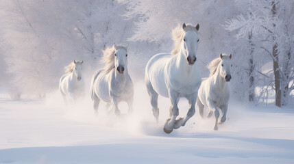 Beautiful white horses run gallop in the snowy field in winter