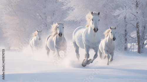 Beautiful white horses run gallop in the snowy field in winter