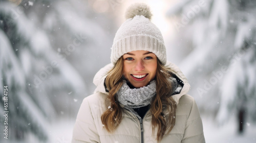 Beautiful young woman in a white hat and scarf in the winter forest.