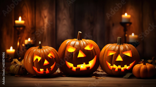Jack-o-lantern pumpkins, candles, garland. Cute Halloween background. Generative AI © AngrySun