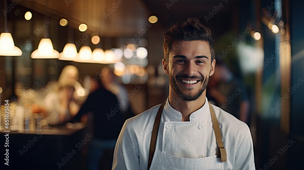 Fototapeta premium Closeup shot of smiling handsome young Italian-American chef in white uniform, standing looking at camera, behind restaurant, blurred food.