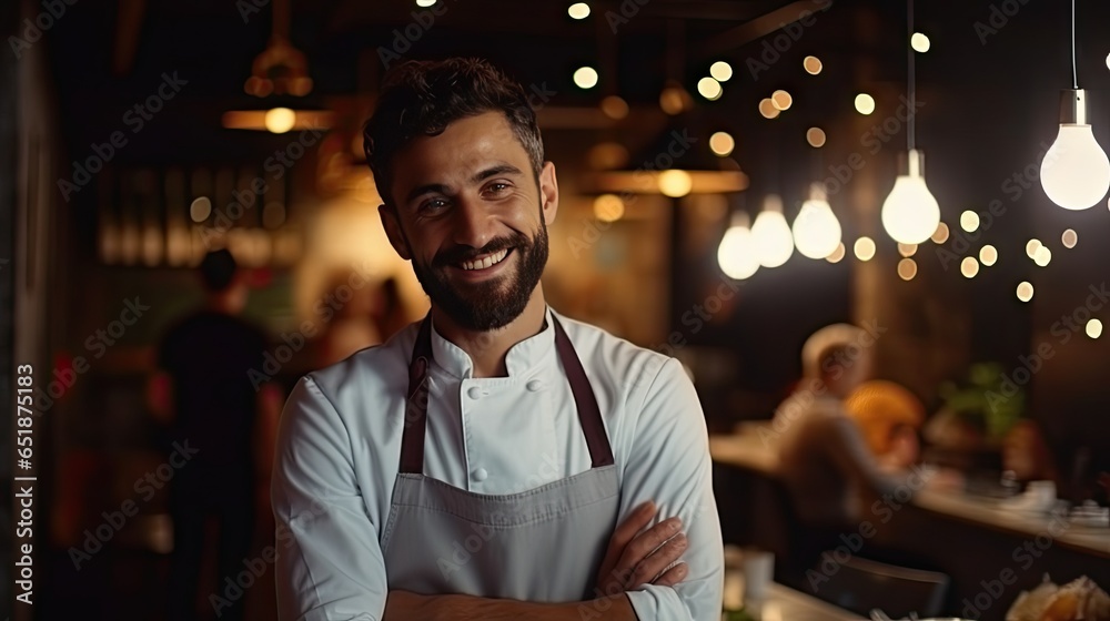 Closeup shot of smiling handsome young Italian-American chef in white uniform, standing looking at camera, behind restaurant, blurred food. Closeup shot of smiling handsome young Italian-American chef in white uniform, standing looking at camera, behind restaurant, blurred food.