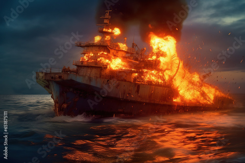 Large sea ship burning and exploding in calm ocean waters in the evening against a blue sky with clouds