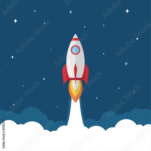 Rocket launch flies up with sky clouds and star on blue background. business creative startup concept. vector illustration in flat style modern design.