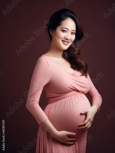 Photo happy pregnant beauty asian  woman touchher belly