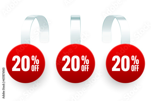 Supermarket promotional wobblers. Realistic red wobbler template for shelf advertising, 20 percent off discount. Sale label with ad text. Special offer price tag. Vector illustration