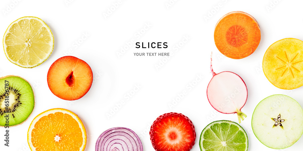 Fruit and vegetable slice frame border isolated on white background. - obrazy, fototapety, plakaty 