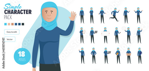 Simple flat female with headscarf vector character in a set of multiple poses. Easy to edit and isolated on a white background. Modern trendy style character mega pack with lots of poses. 