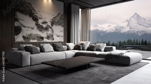 Contemporary elements in a well-decorated living room. Grey © Valeriia