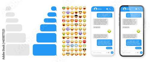 Smartphone messaging app, user interface design with emoji. SMS text frame. Chat screen with blue message bubbles. Texting app for communication. Social media application. Vector illustration