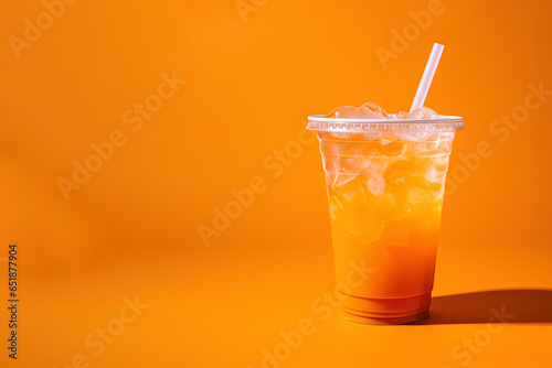 Orange color drink in a plastic cup isolated on a orange color background. Take away drinks concept with copy space