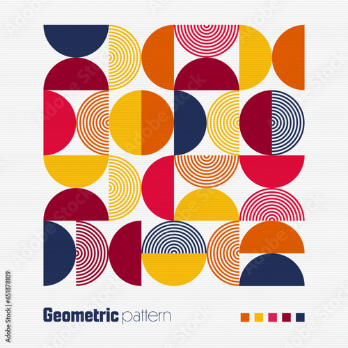 Geometric trendy pattern, Bauhaus style. Modern colorful background with simple elements. Retro texture with basic geometric shapes. Print design, minimalist poster cover. Vector illustration