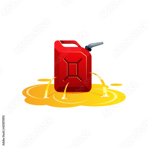 Leaking gasoline canister.Red jerrycan with fuel.