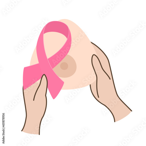 Hands holding Breast prosthesis with a pink ribbon. Breast prosthesis for breast cancer patient after mastectomy. Concept Breast Cancer Awareness Month October. Vector illustration.