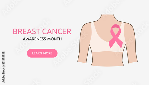 Breast Cancer awareness banner illustration. Woman with pink ribbon. Pink October month female healthcare campaign solidarity web template design. Vector illustration.