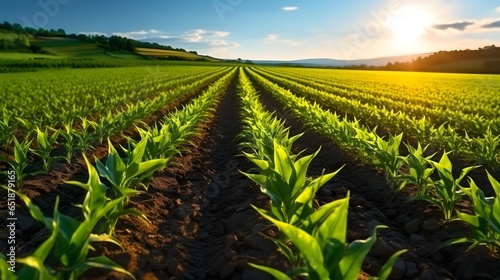Agriculture shot rows of young corn plants growing on a vast field with dark fertile soil leading to the horizon