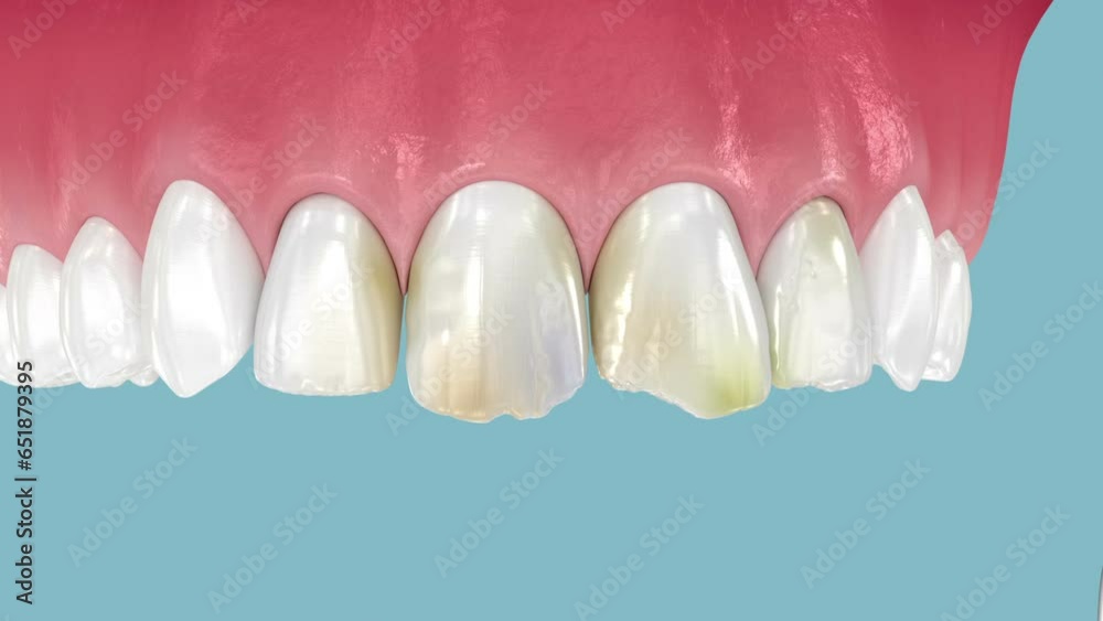 Dental veneers placement over teeth and happy smile at the end. 3D animation