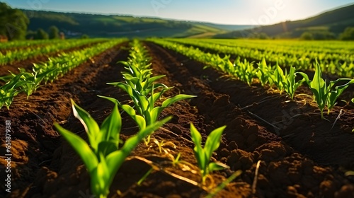 Agriculture shot rows of young corn plants growing on a vast field with dark fertile soil leading to the horizon