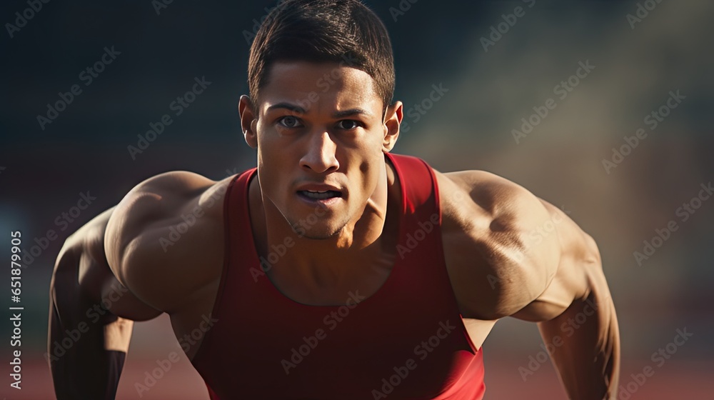 Close-up photo of an American professional sprinter running in a stadium Close-up photo of an American professional sprinter running in a stadium