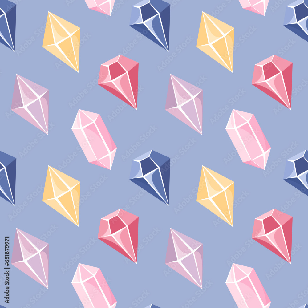 Seamless pattern of pink, yellow and blue crystals in flat cartoon style. Seamless pattern of pink, yellow and blue crystals in flat cartoon style.