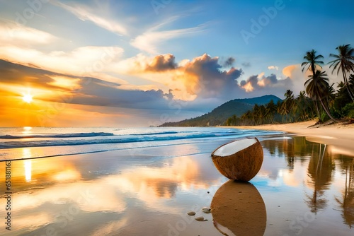 cocunut falling on the beach with blue water and cocunut tree on the bank of beach  photo