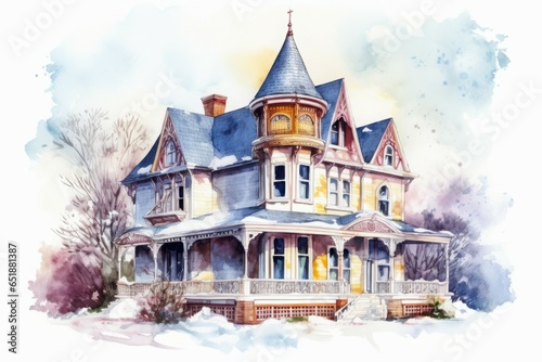Watercolor victorian house. Color old town. Generate Ai