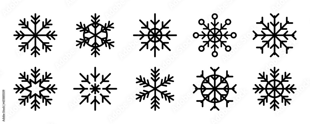 Set of snowflake vector icons. Symbol winter. Abstract snows icons. Vector 10 Eps.