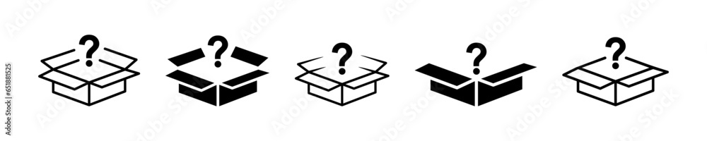 Set of box with question marks vector icons. Mystery, surprise or secret boxes. Prize, magic or present packaging. Vector 10 Eps. - obrazy, fototapety, plakaty 