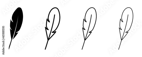 Set of feather vector icons. Lines nibs. Black bird plume. Vector 10 Eps.