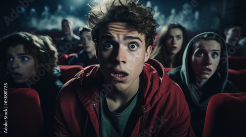 Young scared teenagers at the cinema watching a horror movie