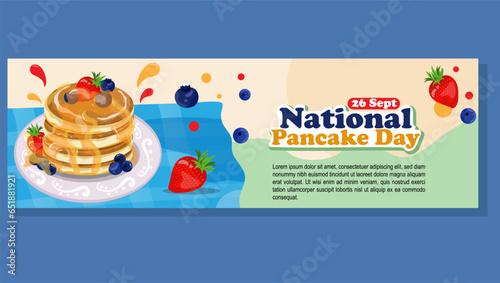 Design Banner National Pancake Day celebration. Pancakes with syrup and butter Illustration design.