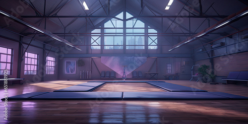 A cinematic and realistic gymnastics balance beam in a gymnastics gym photo
