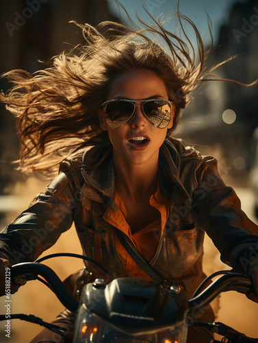 A beautiful young woman biker rides a motorcycle at full speed down the road. Hair blowing in the wind, dust flying from under the wheels, mouth open