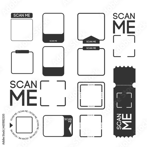 Scan me sign collection vector flat illustration. Set monochrome QR codes template binary identity cyberspace information matrix message tag business internet communication. Barcode, qrcode