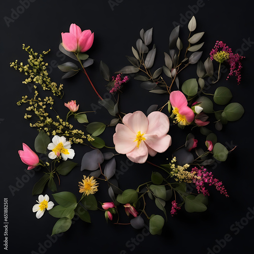 Lovely spring flowers and leaves on a black, blue, white background with negative space