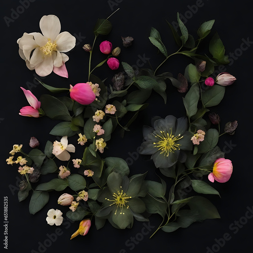 Lovely spring flowers and leaves on a black, blue, white background with negative space