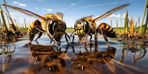 bees eating wasps sitting in a puddle, in the style of mitch griffiths photo